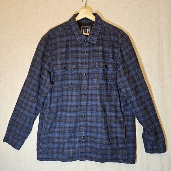 Gap Mens Flannel Shirt Jacket Shacket Blue Plaid Lumberjack Outdoors Large - Picture 1 of 12